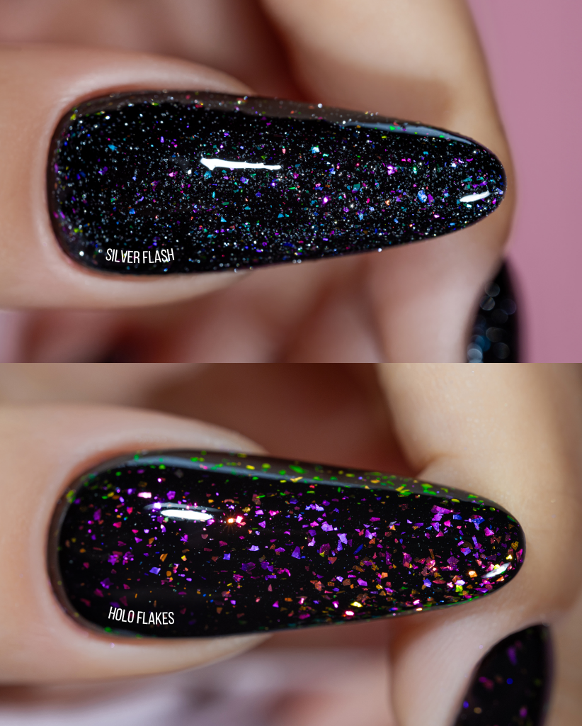 Porównanie topów z drobinkami Saute Nails – Flash i Holo